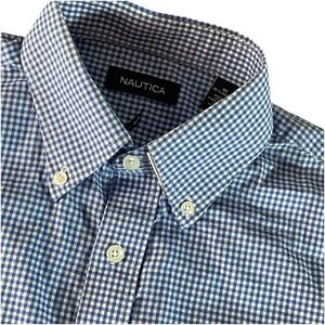 Nautica Shirt Medium  Blue Buffalo Check  Button Down Long Sleeve‎ Cotton Mens